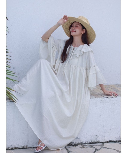 BIRTHDAY BASH(バースデイバッシュ)の「FRILL KAFTAN DRESS(フリルカフタンドレス)(ワンピース・レディース・ブラック/アイボリー・FREE)」の16枚目の写真
