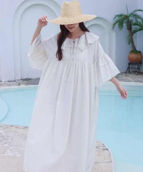 BIRTHDAY BASH(バースデイバッシュ)の「FRILL KAFTAN DRESS(フリルカフタンドレス)(ワンピース・レディース・ブラック/アイボリー・FREE)」の6枚目の写真