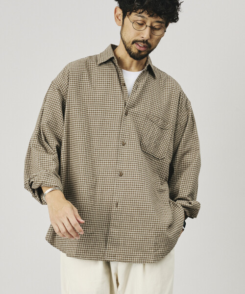 HINSON(ヒンソン)の「HINSON/ヒンソン 別注 フランネル レギュラーカラー ロングスリーブシャツ(シャツ/ブラウス・メンズ・サックスブルー/グリーン/オフホワイト/グレー/ブラウン・LARGE/SMALL/MEDIUM)」の4枚目の写真