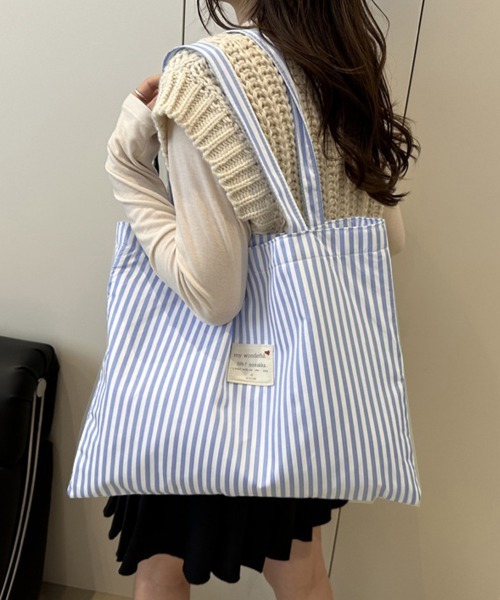 Miniministore(ミニミニストア)の「配色ストライプトートバッグ大容量韓国風鞄(トートバッグ・レディース・ミント/ネイビー/ブルー/ブラック/ピンク・FREE)」の4枚目の写真