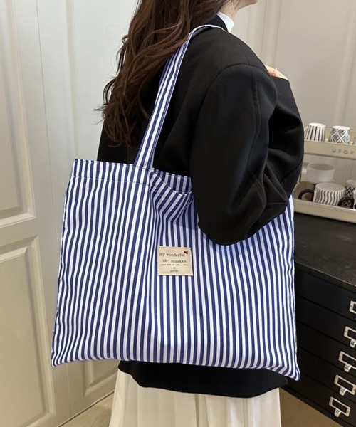 Miniministore(ミニミニストア)の「配色ストライプトートバッグ大容量韓国風鞄(トートバッグ・レディース・ミント/ネイビー/ブルー/ブラック/ピンク・FREE)」の13枚目の写真