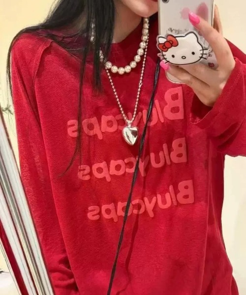 VIBGYOR(ヴィブジョー)の「【EIZZ/アイズ】フロントロゴ ビッグシルエット シアー 長袖Tシャツ / ロンT(Tシャツ/カットソー・レディース・ホワイト/レッド/イエロー/ブルー・FREE)」の4枚目の写真