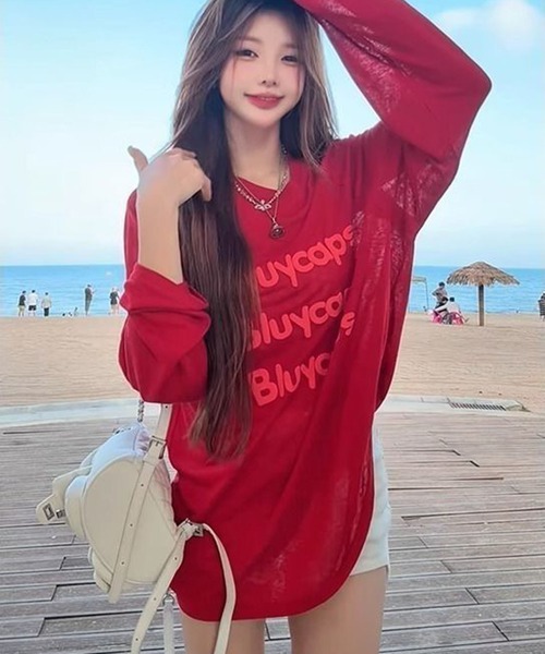 VIBGYOR(ヴィブジョー)の「【EIZZ/アイズ】フロントロゴ ビッグシルエット シアー 長袖Tシャツ / ロンT(Tシャツ/カットソー・レディース・ホワイト/レッド/イエロー/ブルー・FREE)」の8枚目の写真
