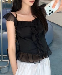 ワイドカラーフレアスリーブフリルシフォンブラウス