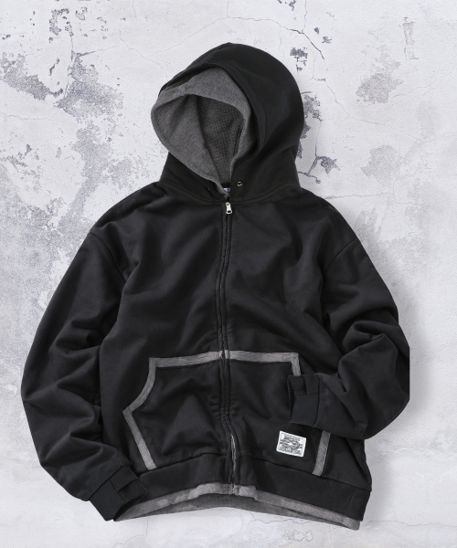 XTONZ(エクストーンズ)の「XTT169 フィンガーホール ワッフル レイヤード クロップド フード ジップアップ (BLACK)(パーカー・レディース・その他・LARGE/SMALL)」の1枚目の写真