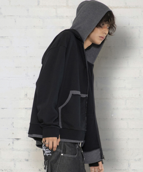 XTONZ(エクストーンズ)の「XTT169 フィンガーホール ワッフル レイヤード クロップド フード ジップアップ (BLACK)(パーカー・レディース・その他・LARGE/SMALL)」の9枚目の写真