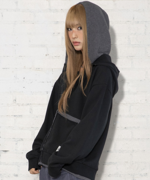 XTONZ(エクストーンズ)の「XTT169 フィンガーホール ワッフル レイヤード クロップド フード ジップアップ (BLACK)(パーカー・レディース・その他・LARGE/SMALL)」の8枚目の写真