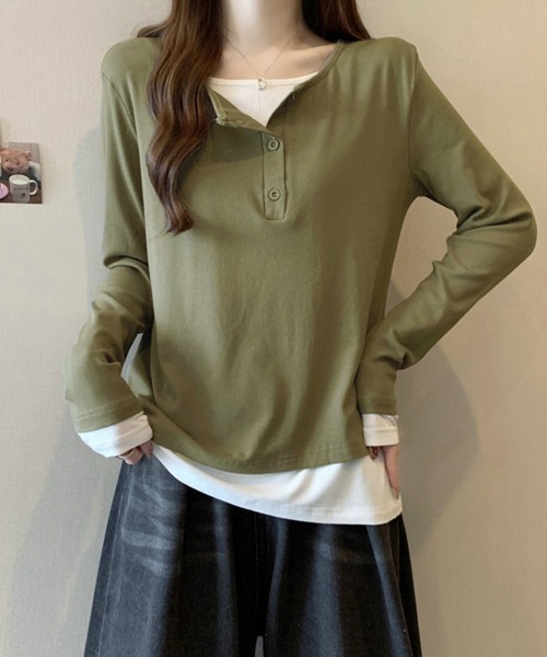 Miniministore(ミニミニストア)の「ヘンリーネック長袖リブカットソー重ね着風(Tシャツ/カットソー・レディース・ライトグレー/ダークグレー/ブラック/カーキ・FREE)」の1枚目の写真