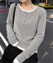 ヘンリーネック長袖リブカットソー重ね着風