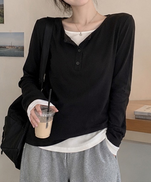 Miniministore(ミニミニストア)の「ヘンリーネック長袖リブカットソー重ね着風(Tシャツ/カットソー・レディース・ライトグレー/ダークグレー/ブラック/カーキ・FREE)」の2枚目の写真