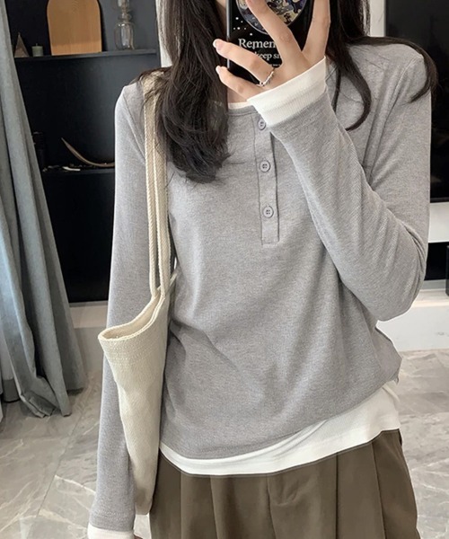 Miniministore(ミニミニストア)の「ヘンリーネック長袖リブカットソー重ね着風(Tシャツ/カットソー・レディース・ライトグレー/ダークグレー/ブラック/カーキ・FREE)」の17枚目の写真