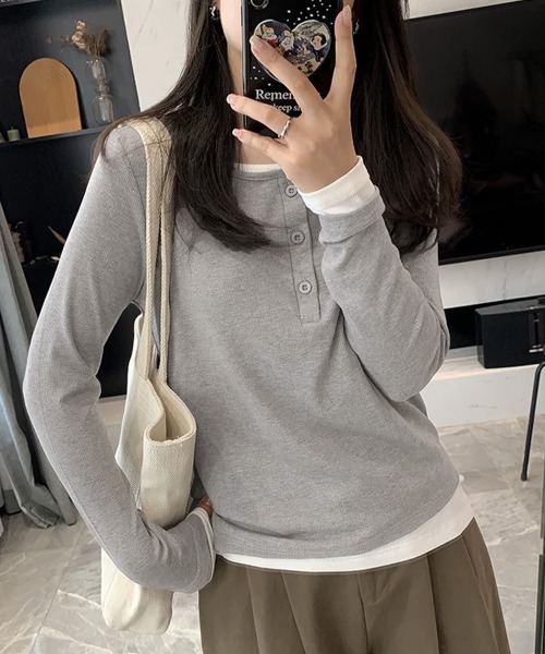 Miniministore(ミニミニストア)の「ヘンリーネック長袖リブカットソー重ね着風(Tシャツ/カットソー・レディース・ライトグレー/ダークグレー/ブラック/カーキ・FREE)」の18枚目の写真