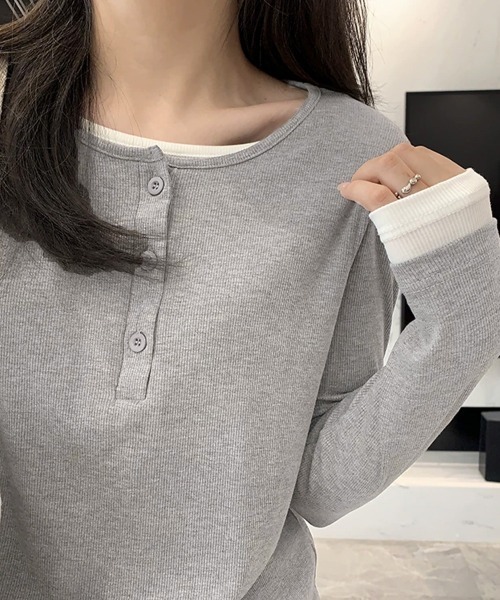 Miniministore(ミニミニストア)の「ヘンリーネック長袖リブカットソー重ね着風(Tシャツ/カットソー・レディース・ライトグレー/ダークグレー/ブラック/カーキ・FREE)」の19枚目の写真