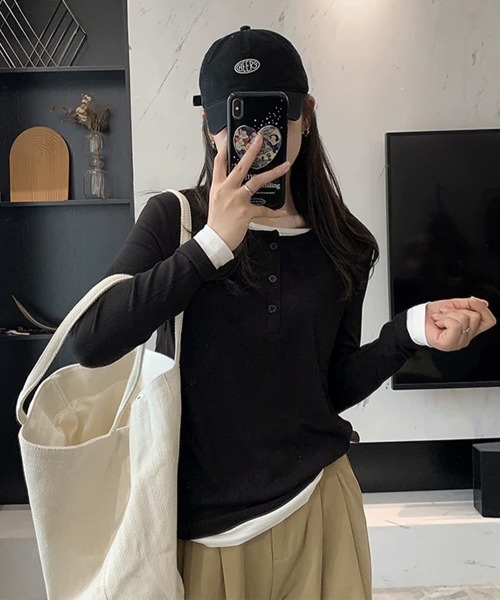 Miniministore(ミニミニストア)の「ヘンリーネック長袖リブカットソー重ね着風(Tシャツ/カットソー・レディース・ライトグレー/ダークグレー/ブラック/カーキ・FREE)」の22枚目の写真