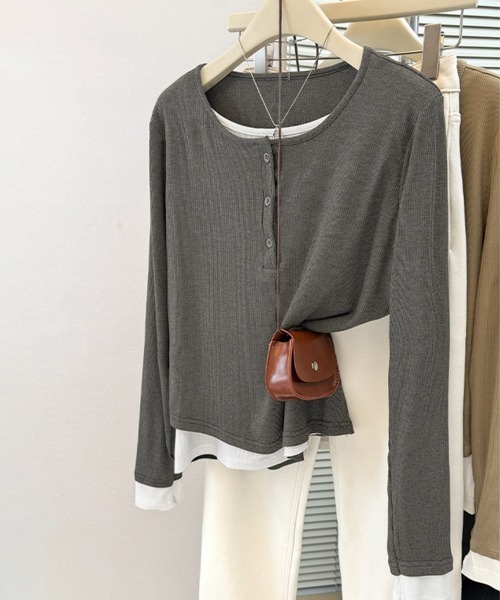 Miniministore(ミニミニストア)の「ヘンリーネック長袖リブカットソー重ね着風(Tシャツ/カットソー・レディース・ライトグレー/ダークグレー/ブラック/カーキ・FREE)」の5枚目の写真