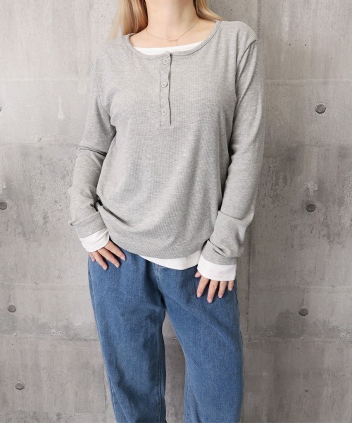 Miniministore(ミニミニストア)の「ヘンリーネック長袖リブカットソー重ね着風(Tシャツ/カットソー・レディース・ライトグレー/ダークグレー/ブラック/カーキ・FREE)」の8枚目の写真
