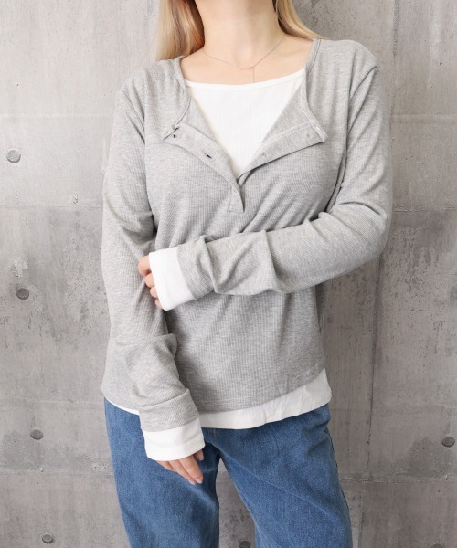 Miniministore(ミニミニストア)の「ヘンリーネック長袖リブカットソー重ね着風(Tシャツ/カットソー・レディース・ライトグレー/ダークグレー/ブラック/カーキ・FREE)」の9枚目の写真