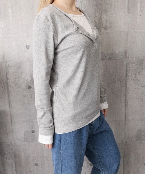 Miniministore(ミニミニストア)の「ヘンリーネック長袖リブカットソー重ね着風(Tシャツ/カットソー・レディース・ライトグレー/ダークグレー/ブラック/カーキ・FREE)」の10枚目の写真