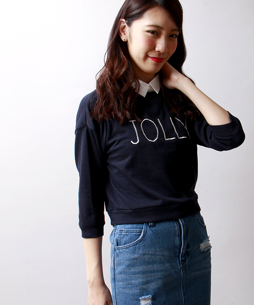 WEGO(ウィゴー)の「WEGO/衿付き7分袖刺繍スウェット(スウェット・レディース・オフホワイト/ブラック/杢グレー/ネイビー・FREE)」の4枚目の写真