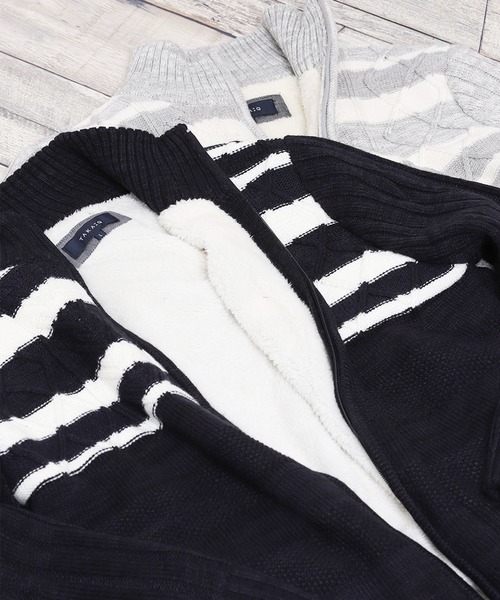 TAKA-Q(タカキュー)の「タカキューメンズ/TAKA-Q:MEN ランダムボーダースタンドジップ裏ボアニットアウター(ニット/セーター)」|ネイビー