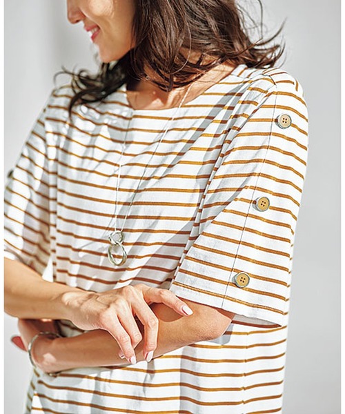 セール ボーダー素材袖ボタンデザインプルオーバー Tシャツ カットソー Belluna Plus ベルーナ のファッション通販 Zozotown