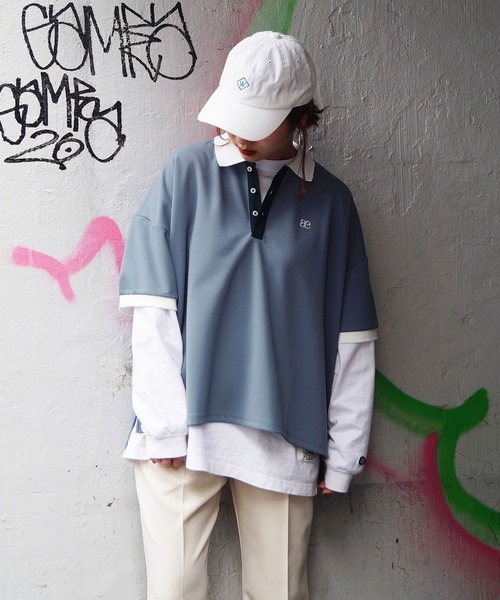 179/WG（イチナナキュウダブルジー）の「配色BIGポロシャツ（ポロシャツ・レディース・ピンク/オフホワイト/ブルー/グリーン/ネイビー・FREE）」の4枚目の写真