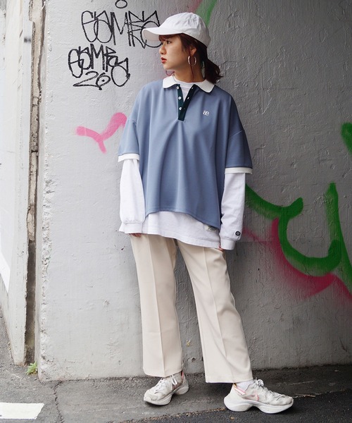 179/WG（イチナナキュウダブルジー）の「配色BIGポロシャツ（ポロシャツ・レディース・ピンク/オフホワイト/ブルー/グリーン/ネイビー・FREE）」の14枚目の写真