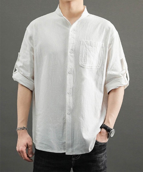 送料無料 メンズ七分袖バンドカラーシャツ 特売 Www Akronautoauction Com