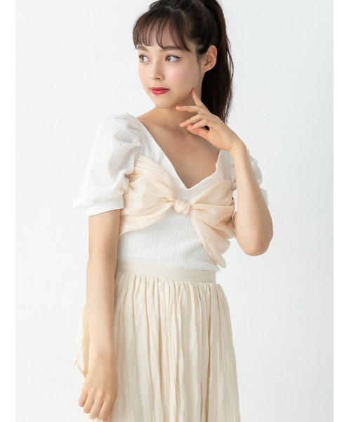 fifth calin(フィフスカラン)の「フロントチュールリボンVネックブラウス(シャツ/ブラウス・レディース・ベージュ/ホワイト・MEDIUM)」の2枚目の写真