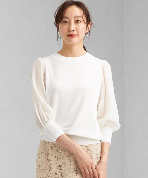 green label relaxing（グリーンレーベルリラクシング）の「ソウバリ ソデ シフォン プルオーバー ニット -ウォッシャブル-（ニット/セーター・レディース・ブラック/オフホワイト/イエロー・FREE）」の2枚目の写真