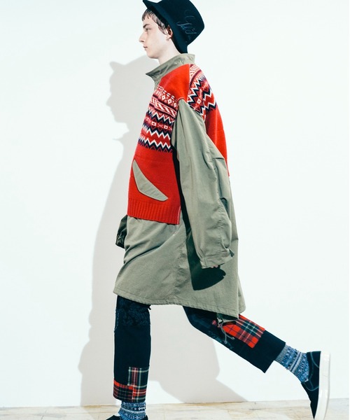 JUNYA WATANABE MAN(ジュンヤワタナベマン)の「ノルディック柄ニット切替 ミリタリーコート(ノーカラーコート・メンズ・カーキ・S/M/XS)」の5枚目の写真