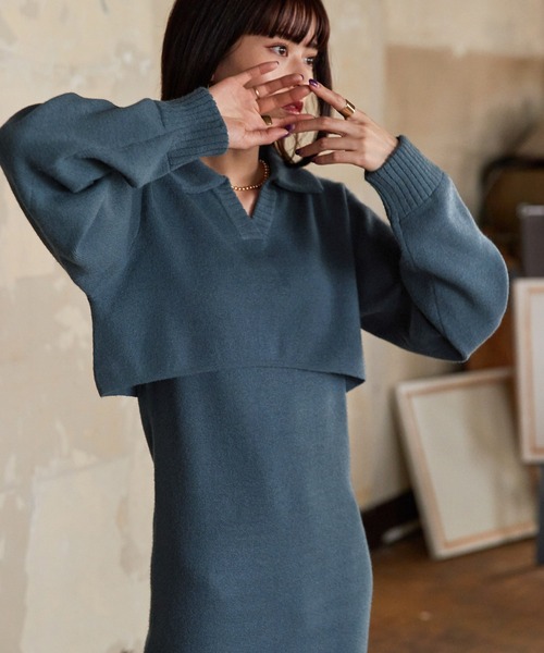 Keeepy（キーピー）の「【Keeepy】knit sleeveless dress & open collar pullover ensemble（ワンピース・レディース・エンジ/ブルー・FREE）」の2枚目の写真