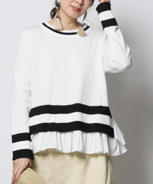 INTERPLANET（インタープラネット）の「【doll up oops】裾ボーダー重ね風ニット（ニット/セーター・レディース・オフホワイト/グレー・FREE）」の2枚目の写真