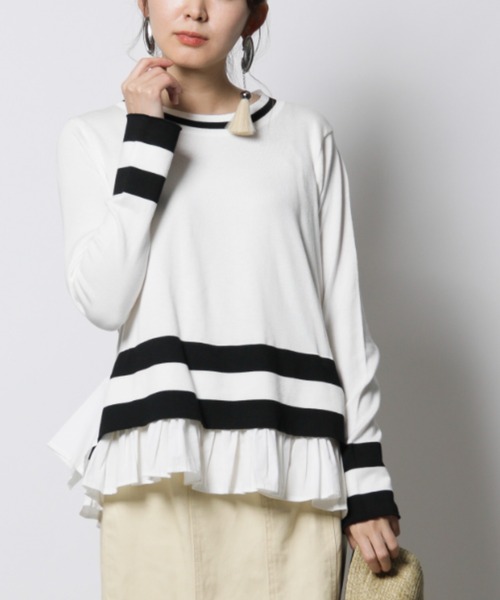 INTERPLANET（インタープラネット）の「【doll up oops】裾ボーダー重ね風ニット（ニット/セーター・レディース・オフホワイト/グレー・FREE）」の4枚目の写真