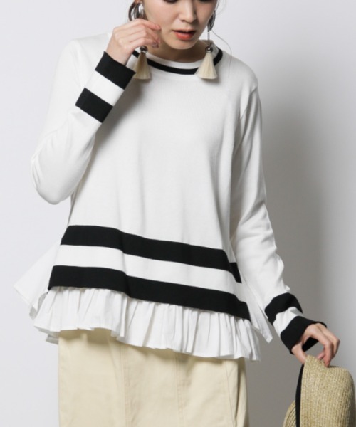 INTERPLANET（インタープラネット）の「【doll up oops】裾ボーダー重ね風ニット（ニット/セーター・レディース・オフホワイト/グレー・FREE）」の3枚目の写真
