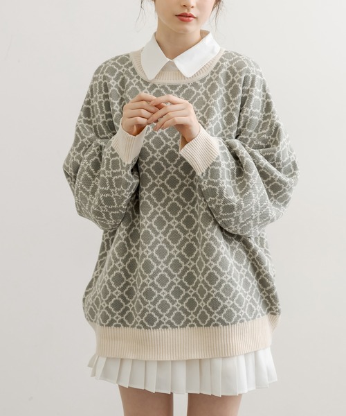 OLIVE des OLIVE（オリーブデオリーブ）の「幾何柄ジャガードチュニック（ニット/セーター・レディース・グレー/オフホワイト/ライトブラウン・FREE）」の3枚目の写真