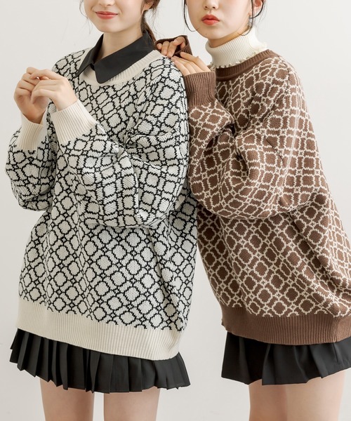 OLIVE des OLIVE（オリーブデオリーブ）の「幾何柄ジャガードチュニック（ニット/セーター・レディース・グレー/オフホワイト/ライトブラウン・FREE）」の13枚目の写真