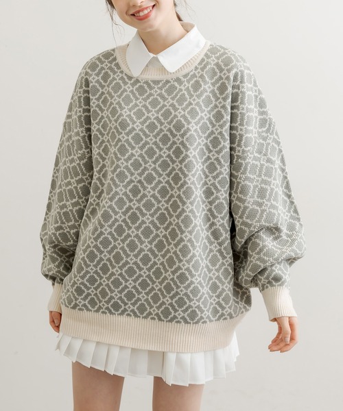 OLIVE des OLIVE（オリーブデオリーブ）の「幾何柄ジャガードチュニック（ニット/セーター・レディース・グレー/オフホワイト/ライトブラウン・FREE）」の6枚目の写真