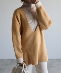 アンゴラタッチバイカラーVネックニット