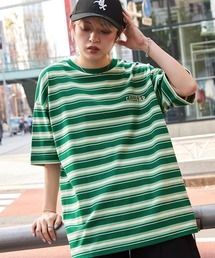 【CODDERR】マルチボーダー ロゴ刺繍 ビッグシルエット半袖Tシャツ