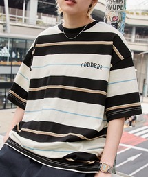 【CODDERR】マルチボーダー ロゴ刺繍 ビッグシルエット半袖Tシャツ