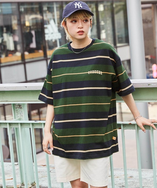 CODDERR】マルチボーダー ロゴ刺繍 ビッグシルエット半袖Tシャツ