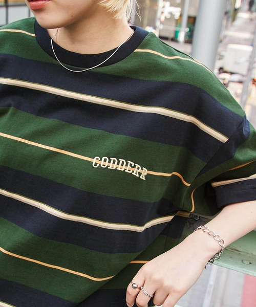 CODDERR】マルチボーダー ロゴ刺繍 ビッグシルエット半袖Tシャツ