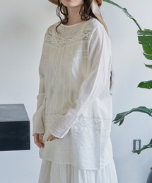 Libra Cue | インド綿100%、ドビードットレースドッキングブラウス(シャツ/ブラウス)