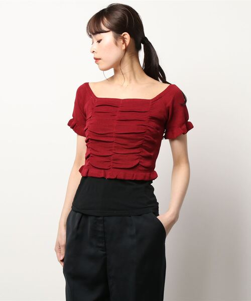 VIBGYOR Women(ヴィブジョー ウィメン)の「【KOREA SELECT】スクエアネック シャーリング ショート丈 ニット(ニット/セーター・レディース・ブラック/ライトベージュ/グリーン/イエロー/レッド/ホワイト・FREE)」の17枚目の写真