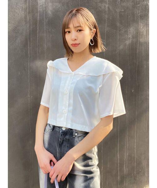 EMODA（エモダ）の「オーバーカラーショートシャツ（シャツ/ブラウス・レディース・その他/ホワイト/ブラック・FREE）」の5枚目の写真