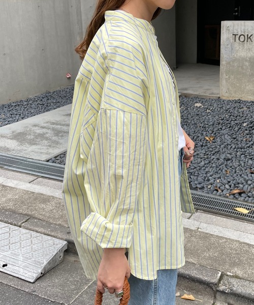 DISCOAT(ディスコート)の「カラーストライプバンドカラービッグシャツ(シャツ/ブラウス・レディース・バイオレット/サックスブルー/イエロー・MEDIUM/LARGE)」の11枚目の写真