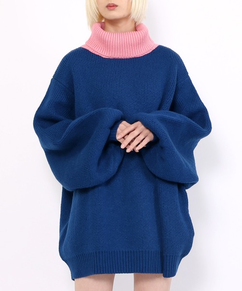 PUNYUS(プニュズ)の「バイカラータートルネックニット(ニット/セーター・レディース・ブラック/ネイビー/グリーン・3/4)」の3枚目の写真