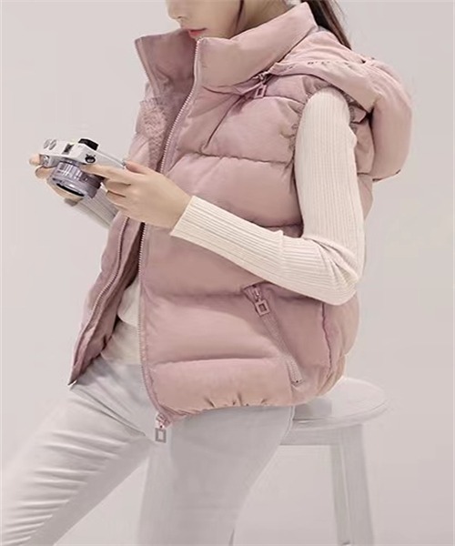 FREE STYLISTS（フリー スタイリスト）の「フード付け中綿ベスト（ダウンベスト・レディース・ホワイト/ピンク/ブラック/カーキ・M/L/XL/2XL）」の15枚目の写真