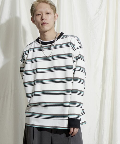 NO NEED（ノーニード）の「マルチボーダー天竺リンガーロンＴ（Tシャツ/カットソー・メンズ・ホワイト/イエロー/グレー・M/L）」の2枚目の写真